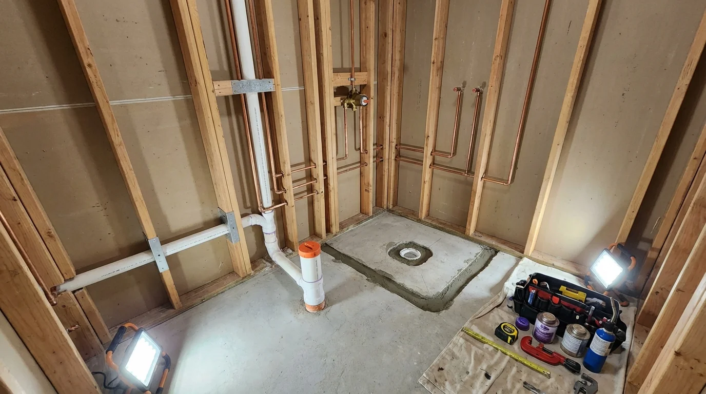 Bathroom rough-in plumbing during remodel by Johns Plumbing LLC in Waxahachie