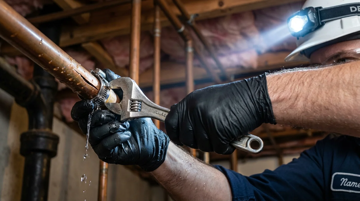Emergency pipe clamp repair being performed by a Johns Plumbing LLC plumber in Waxahachie