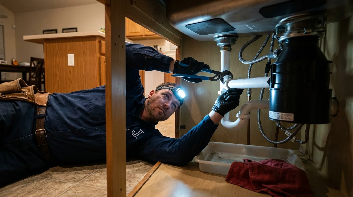 P-trap and supply line connections under a kitchen sink showing a common leak point in Waxahachie, TX